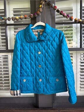 Burberry Brit quilted Teal Button-Up Jacket with dust bag and hanger